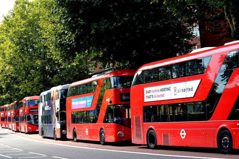 Eine Reihe traditioneller roter Doppeldeckerbusse, die auf einer Londoner Straße unter grünen Bäumen geparkt sind.